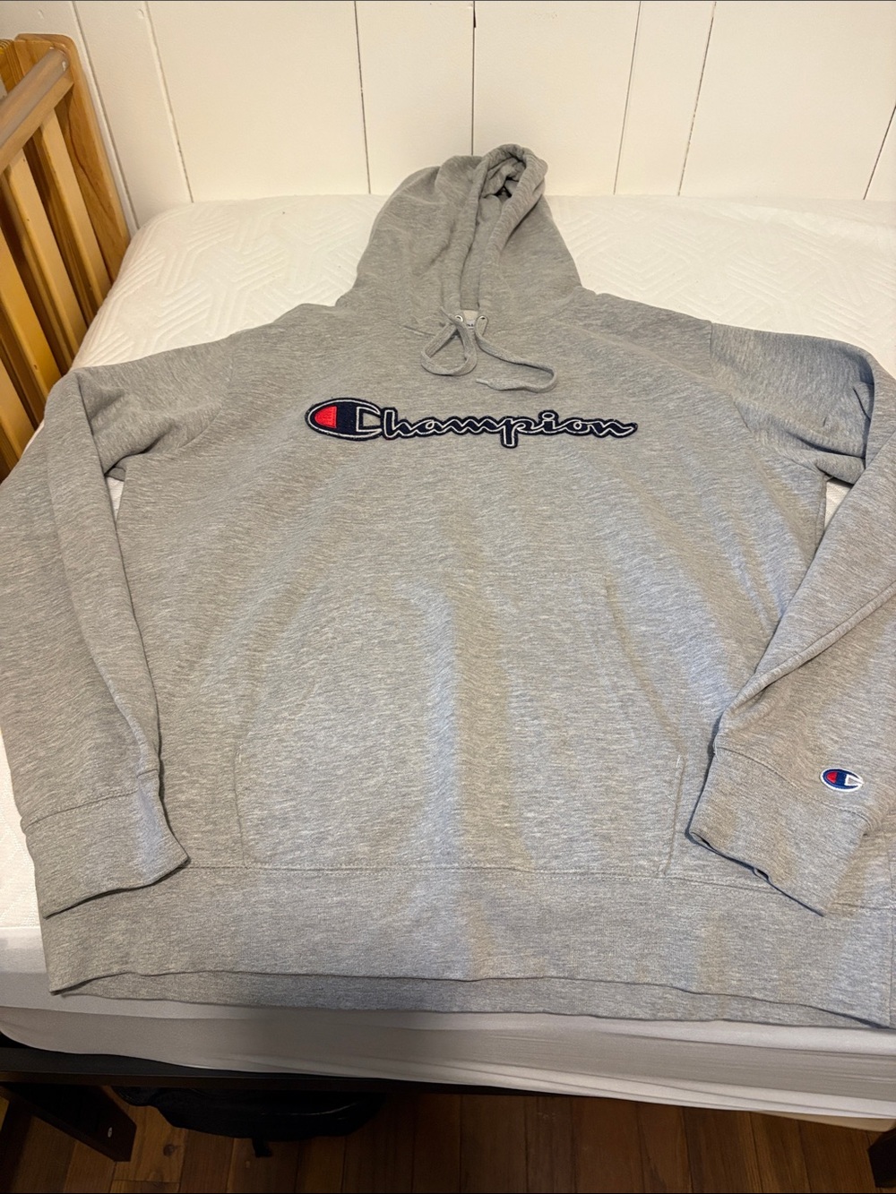 Champion Heather Gray Hooded Sweatshirt with Script Logo